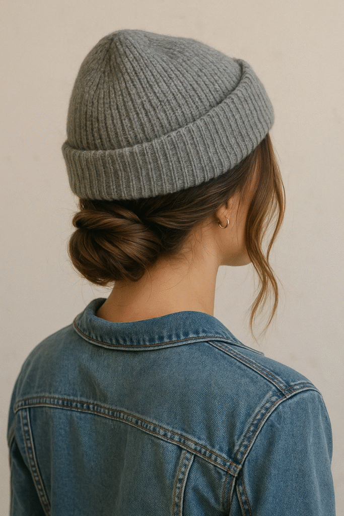 Twisted low bun with beanie