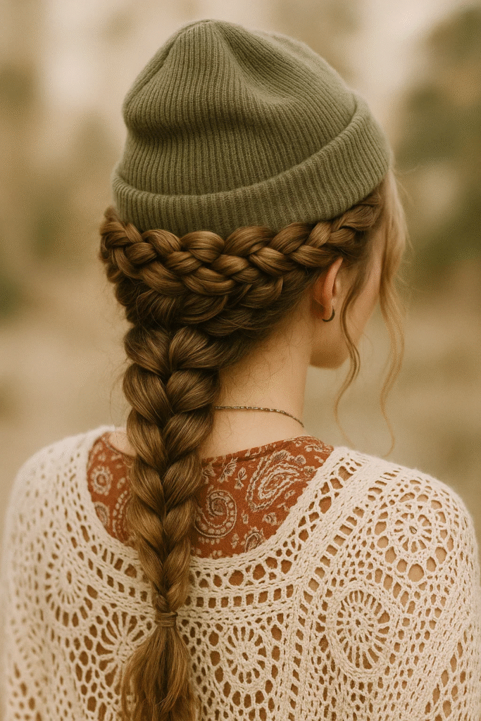 Dutch braided crown hairstyle with beanie