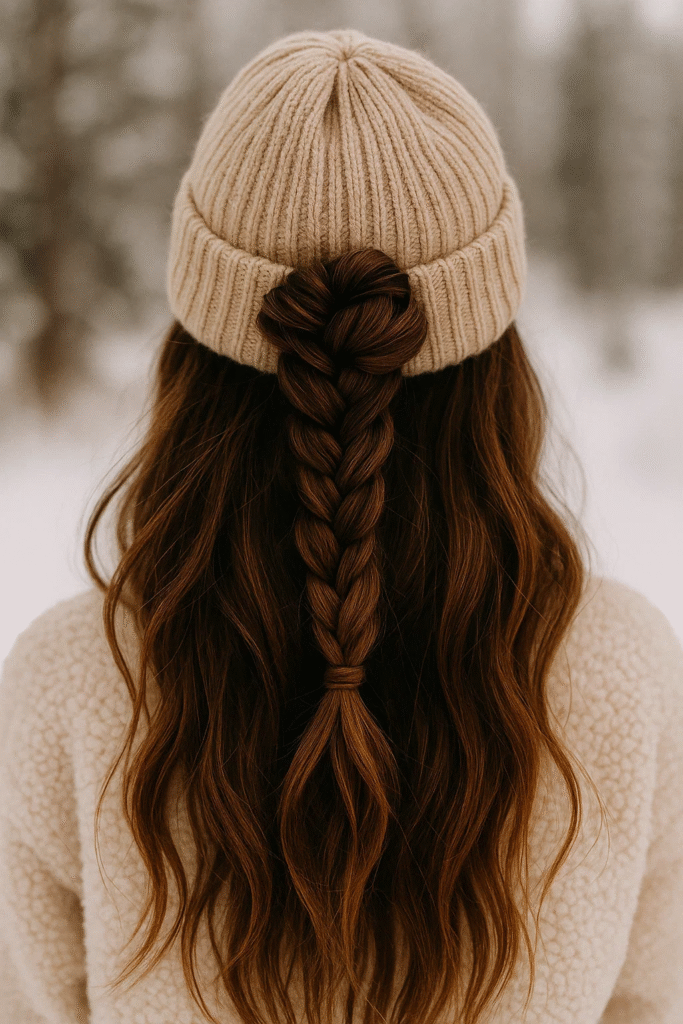 Half-up braided bun with beanie