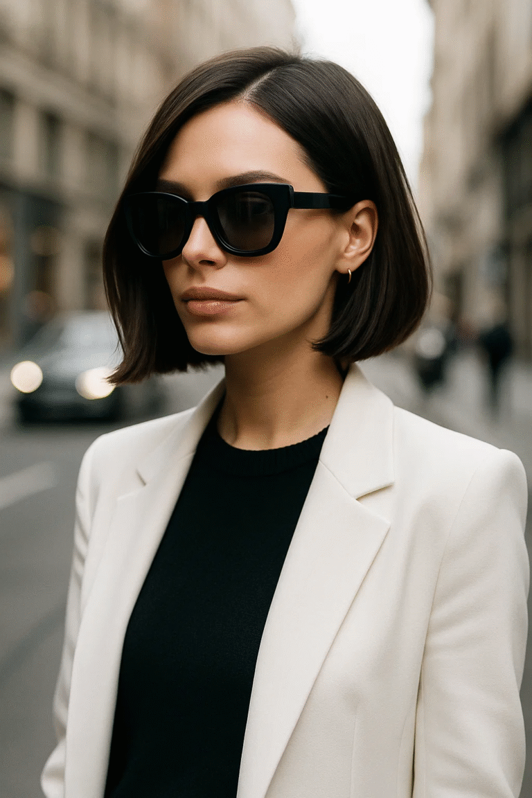 Blunt Bob Haircut styled shoulder-length for an empowering street-style look.