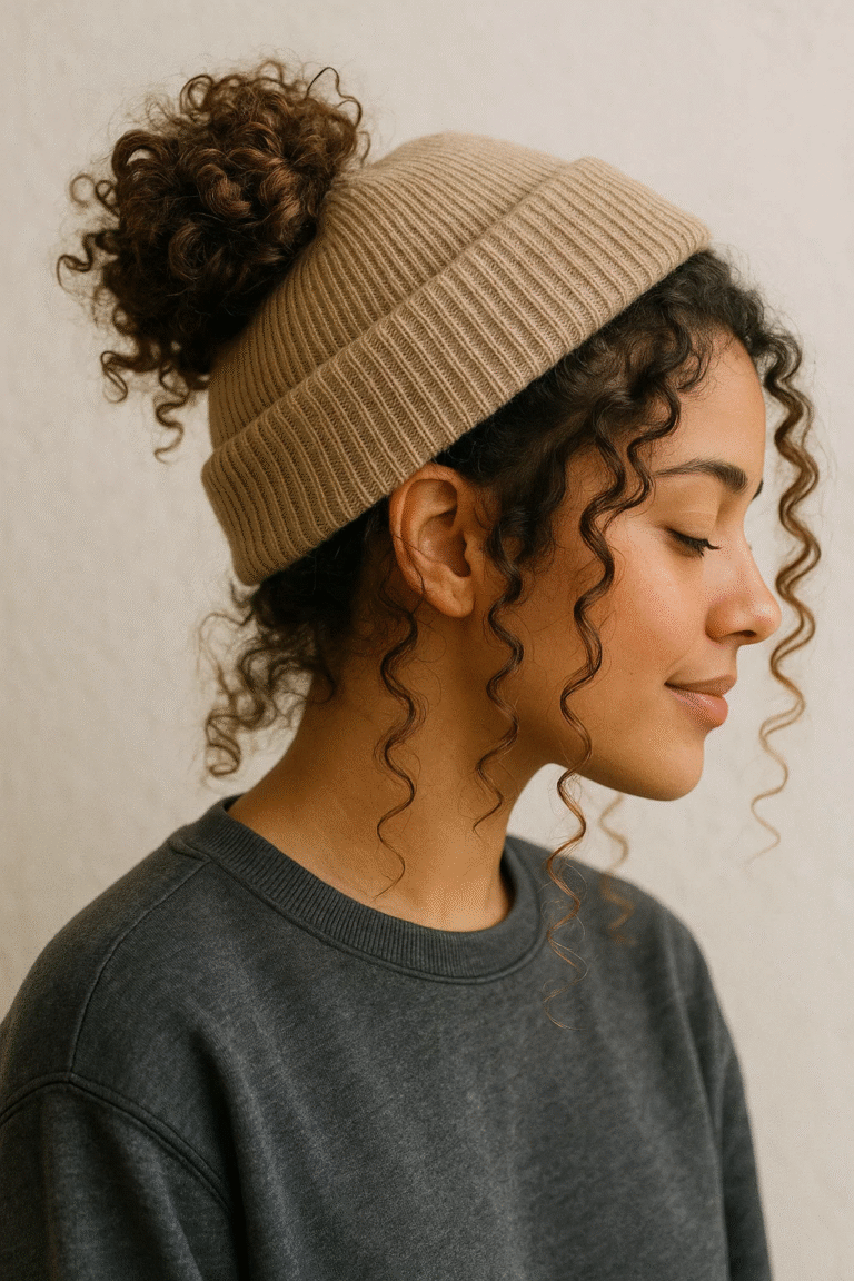 Curly bun with beanie for winter