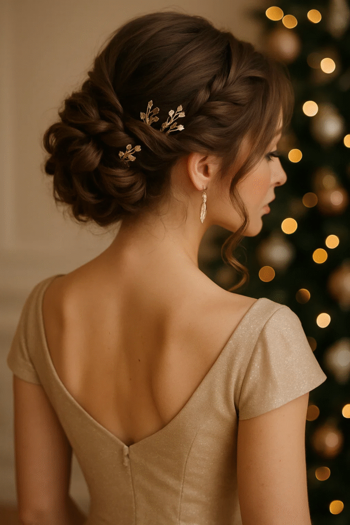 Holiday party braids hairstyle with elegant updo and gold accessories