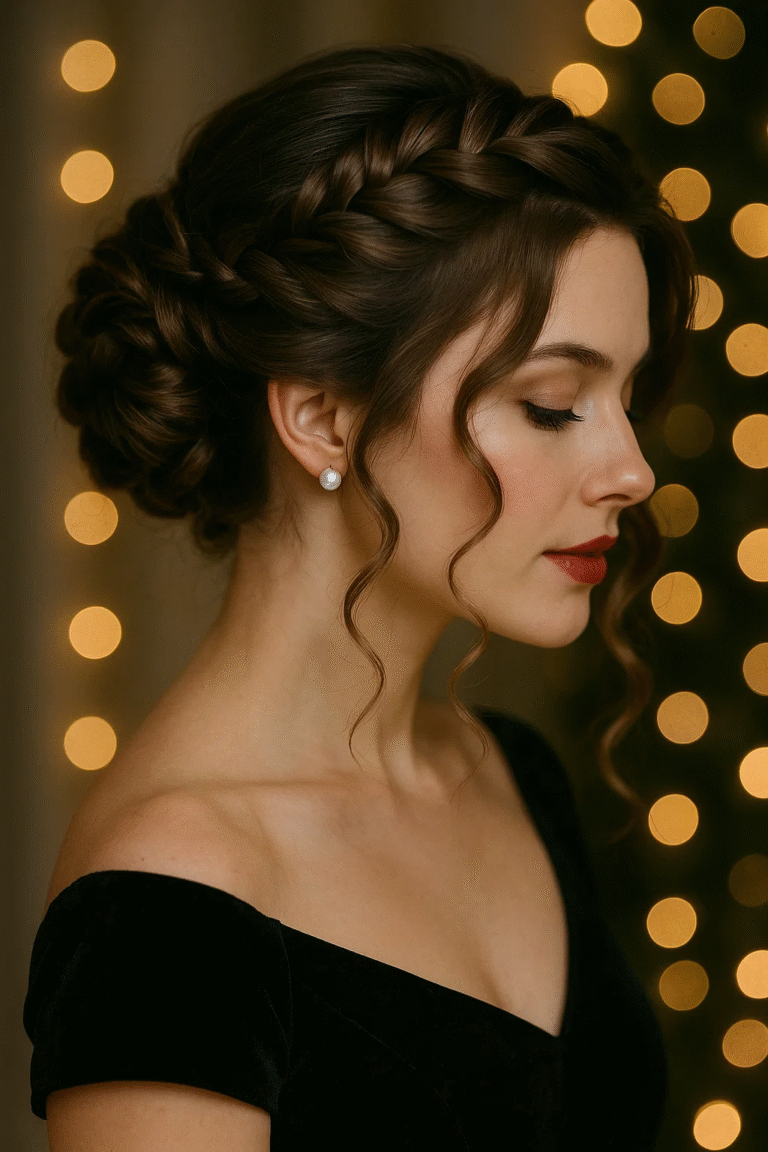 Elegant braided updo hairstyle for a holiday event