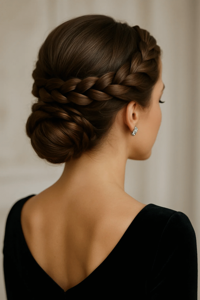 Crown braid updo hairstyle for a holiday event