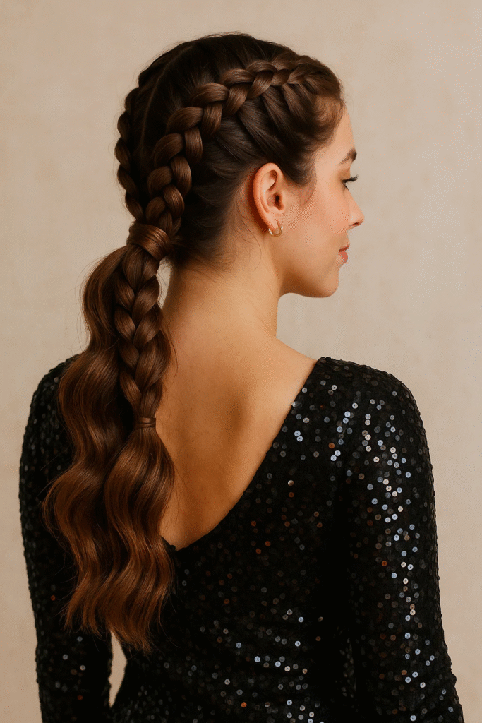 Double braid ponytail hairstyle for a holiday event