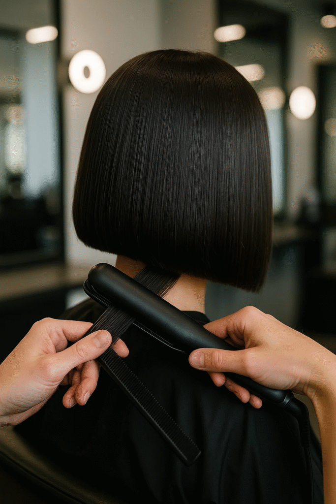 Blunt Bob Haircut styled sleek with a flat iron for a sharp, modern edge.

