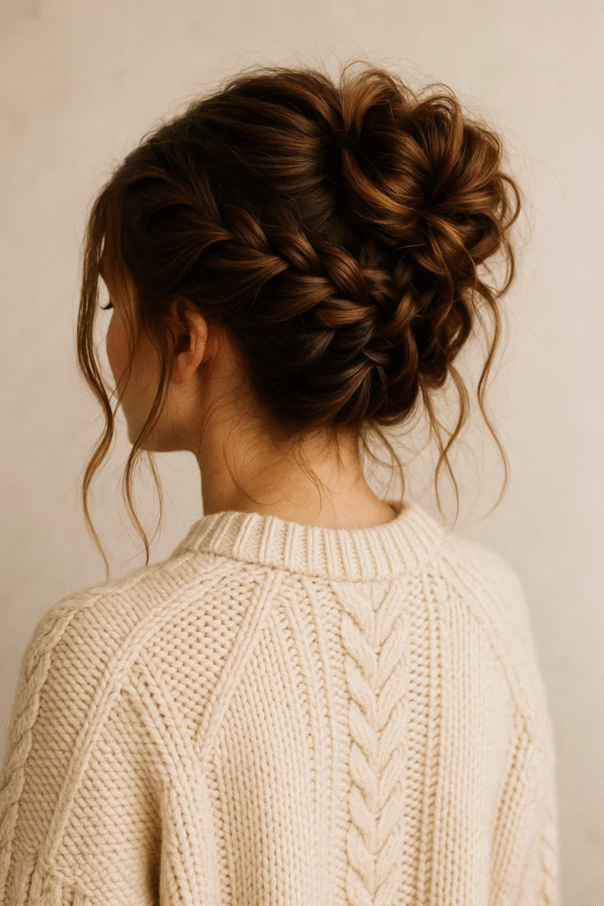 Braided messy bun hairstyle for a holiday party