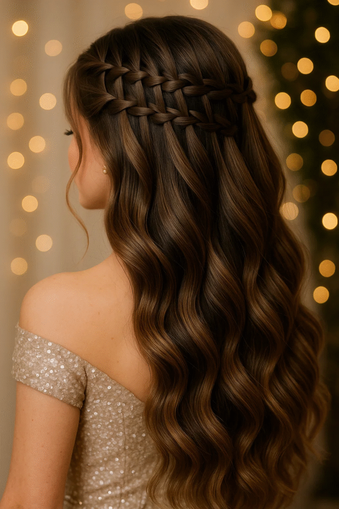 Waterfall braid hairstyle for a holiday event