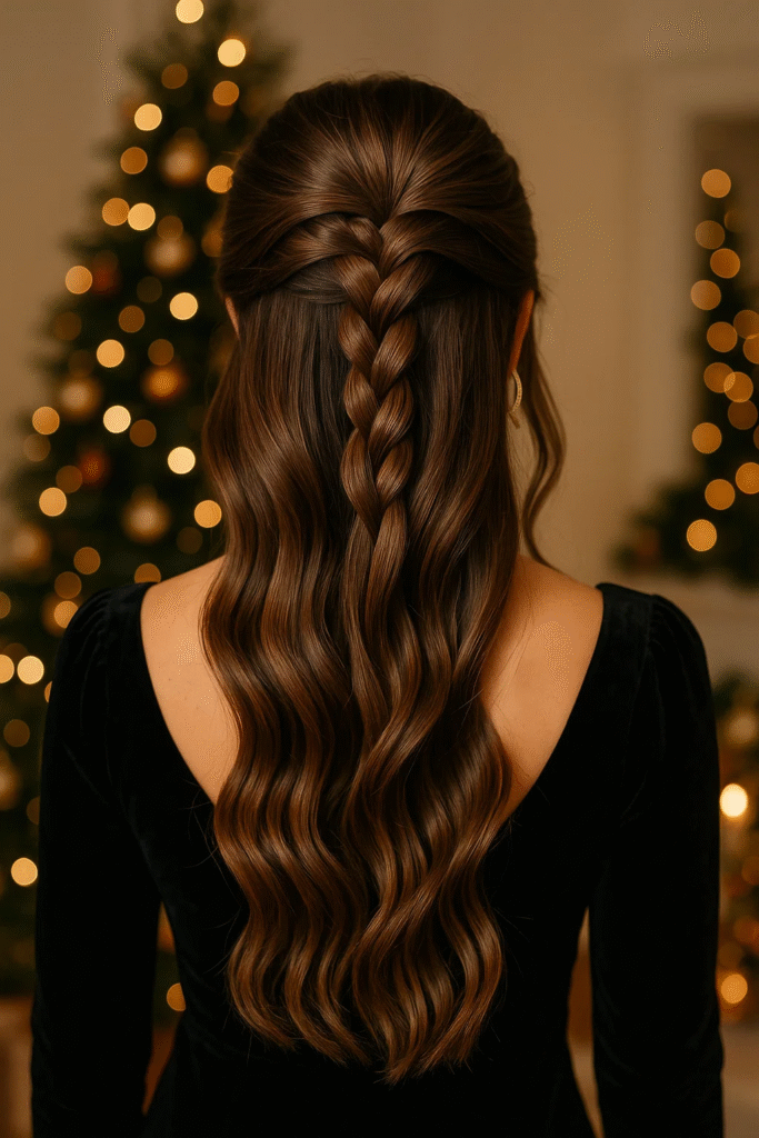 Half-up braid hairstyle for holiday party, relaxed yet chic, Pinterest vertical framing"
