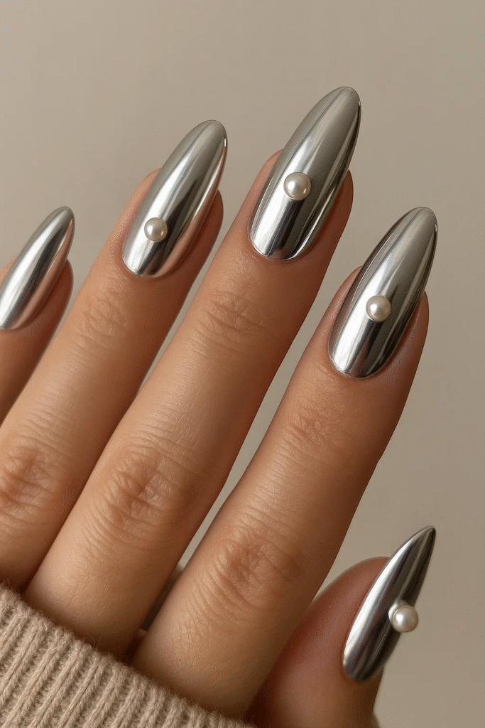 august 2025 nails chrome silver with pearl accents