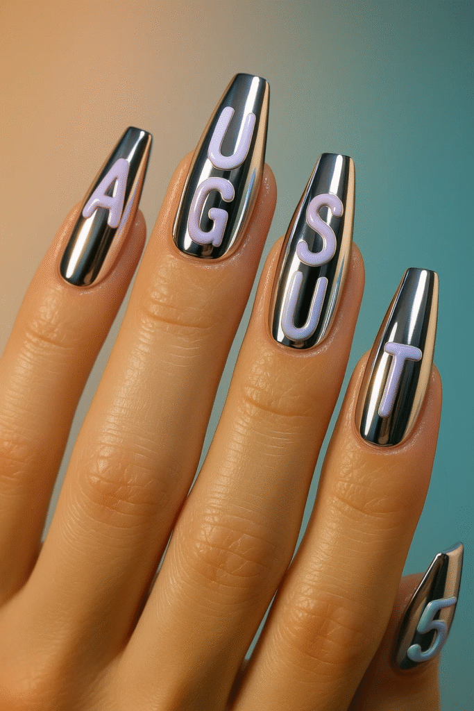 coffin shape august 2025 nails with chrome finish