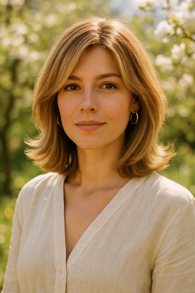 Face‑Framing Layers Hairstyle on medium hair with soft golden light.