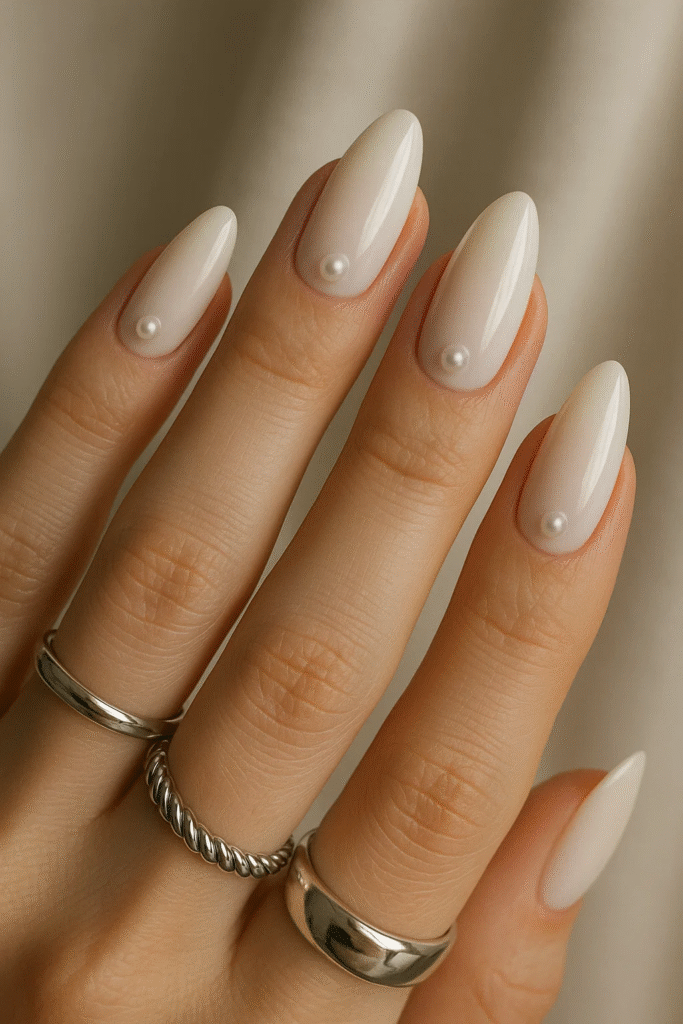 milky white nails with pearls 2025