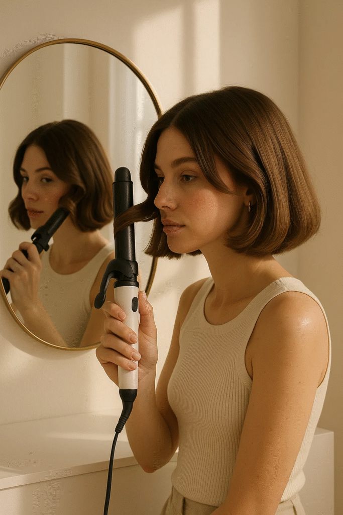 Styling face-framing layers hairstyle with soft inward curls on medium hair.

