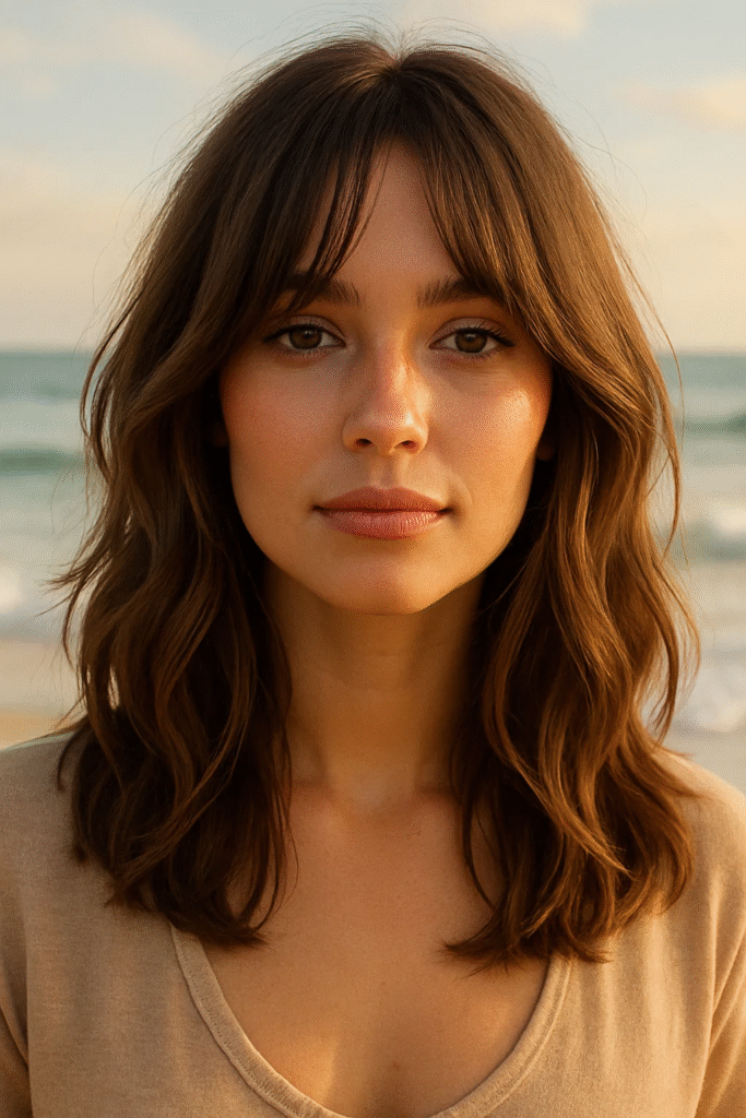Face‑Framing Layers Hairstyle on wavy lob with curtain fringe for volume.

