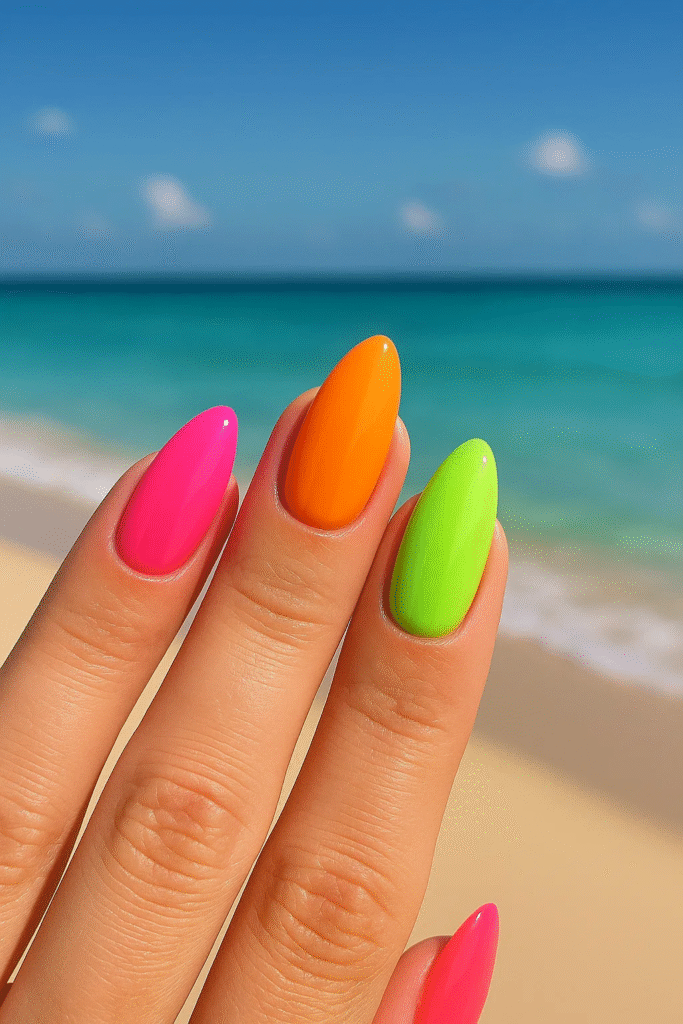 bright summer nails 2025 neon glossy manicure