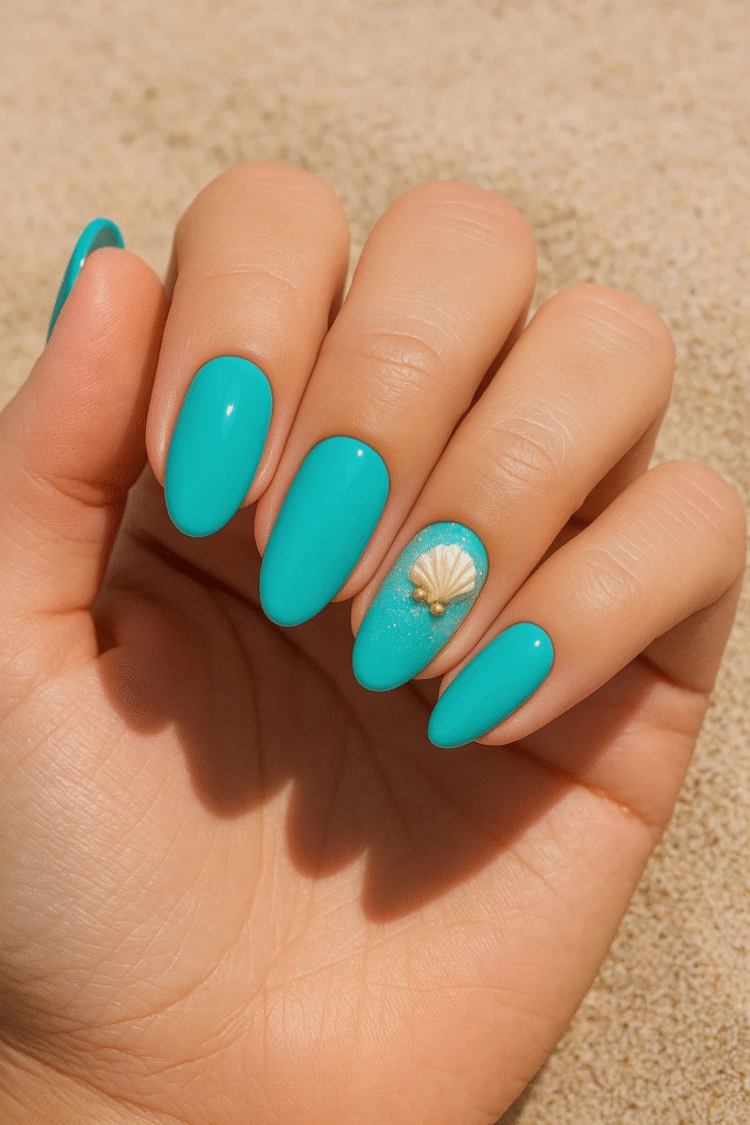 turquoise bright summer nails with seashell art
