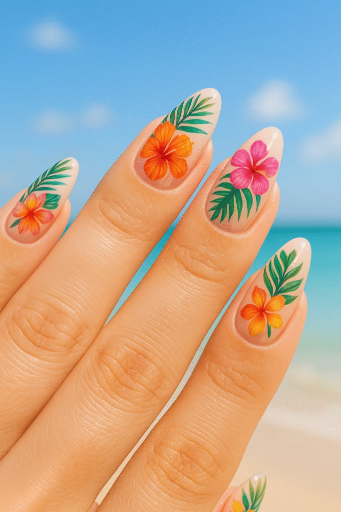 tropical bright summer nails with floral art