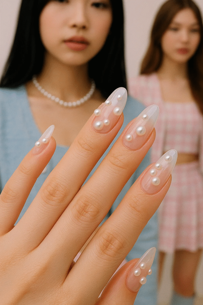 K-Pop inspired designs nails with jelly base and pearl accents 2025