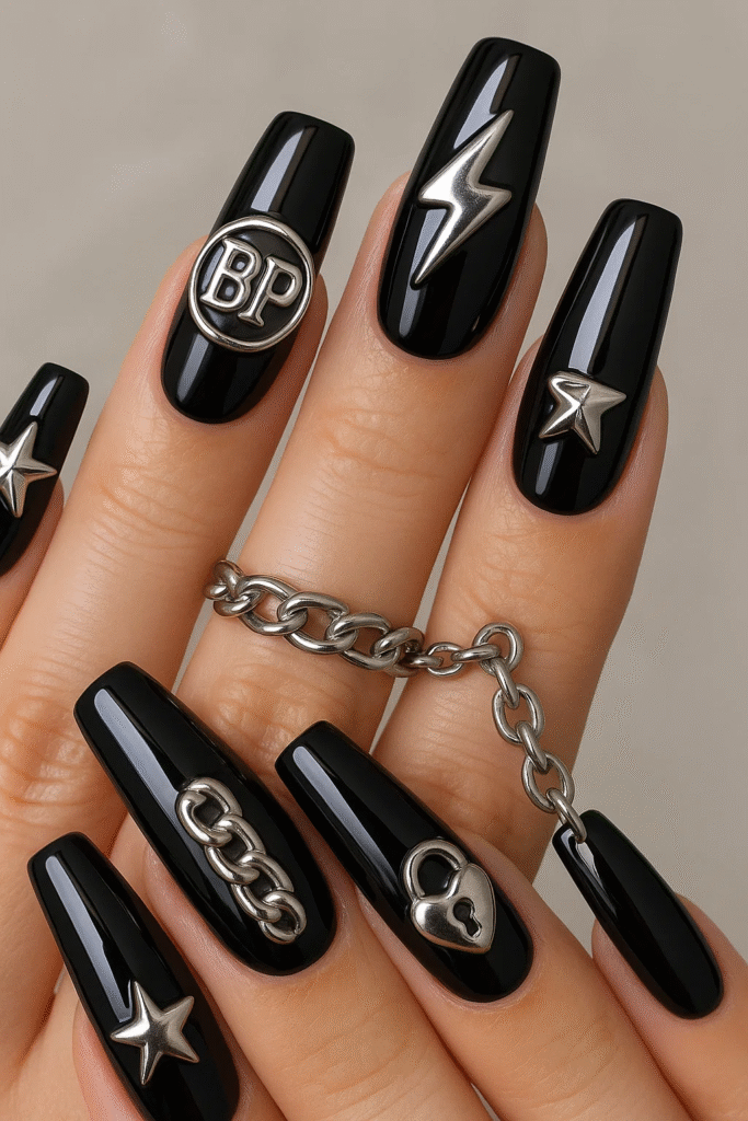 metallic charm K-Pop inspired designs nails