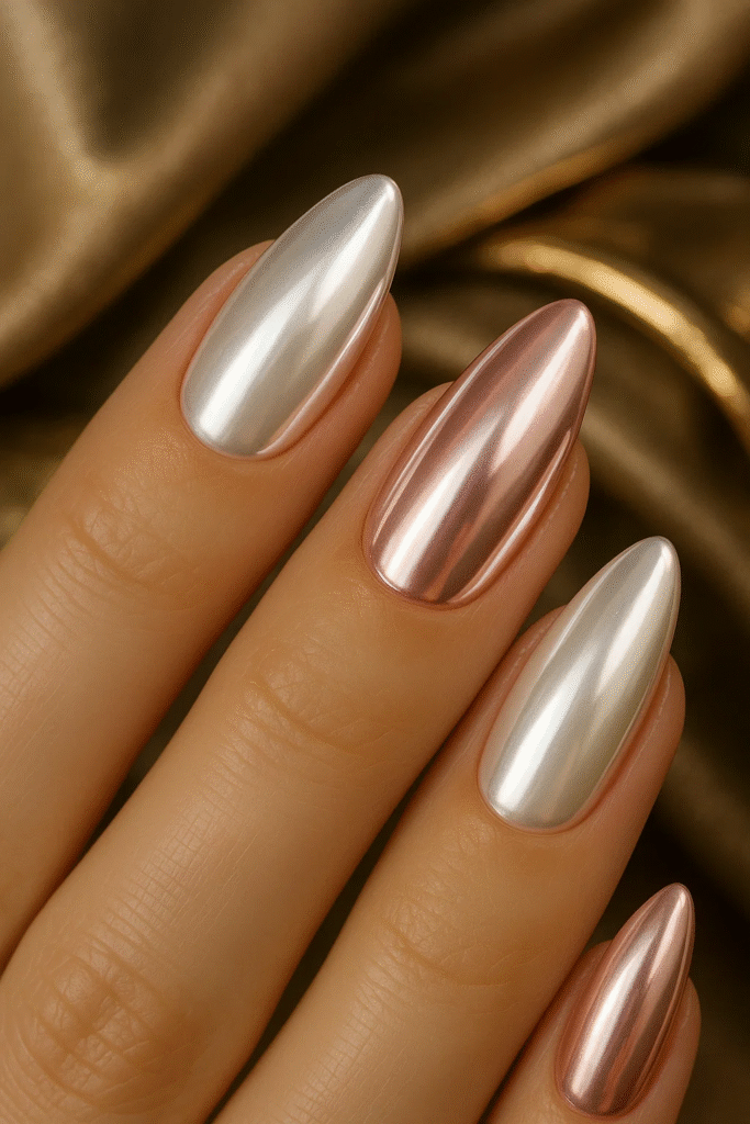glazed chrome nails (2025) pearl white and rose gold glossy manicure