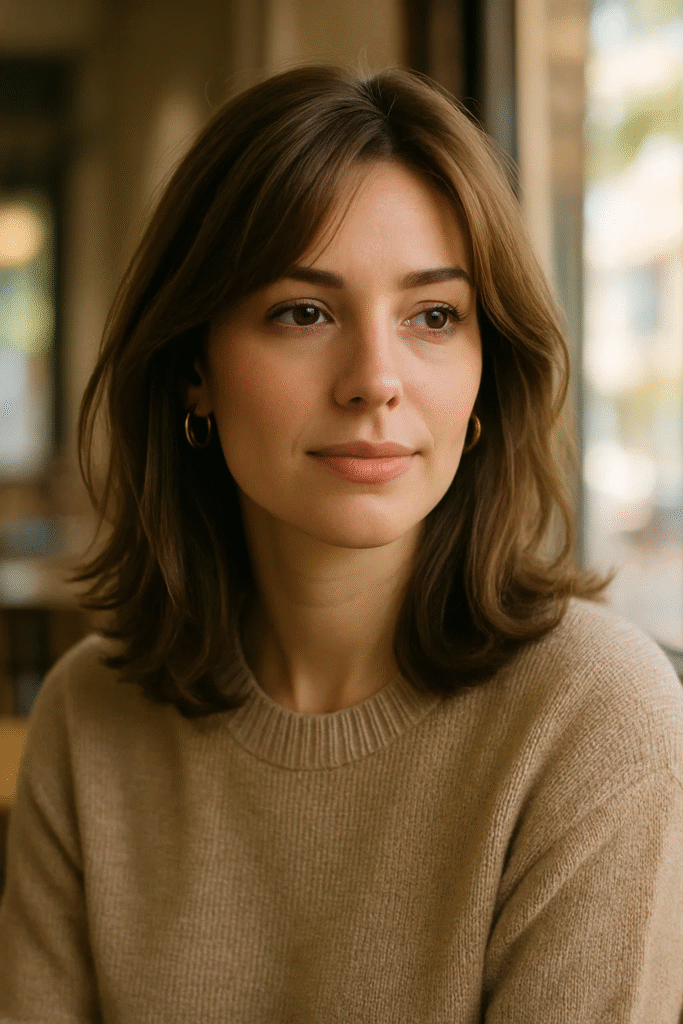 Face-framing layers hairstyle on medium-length wavy brown hair in natural sunlight