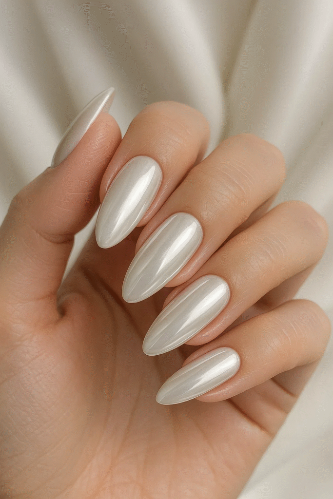 pearl white glazed chrome nails (2025) bridal trend