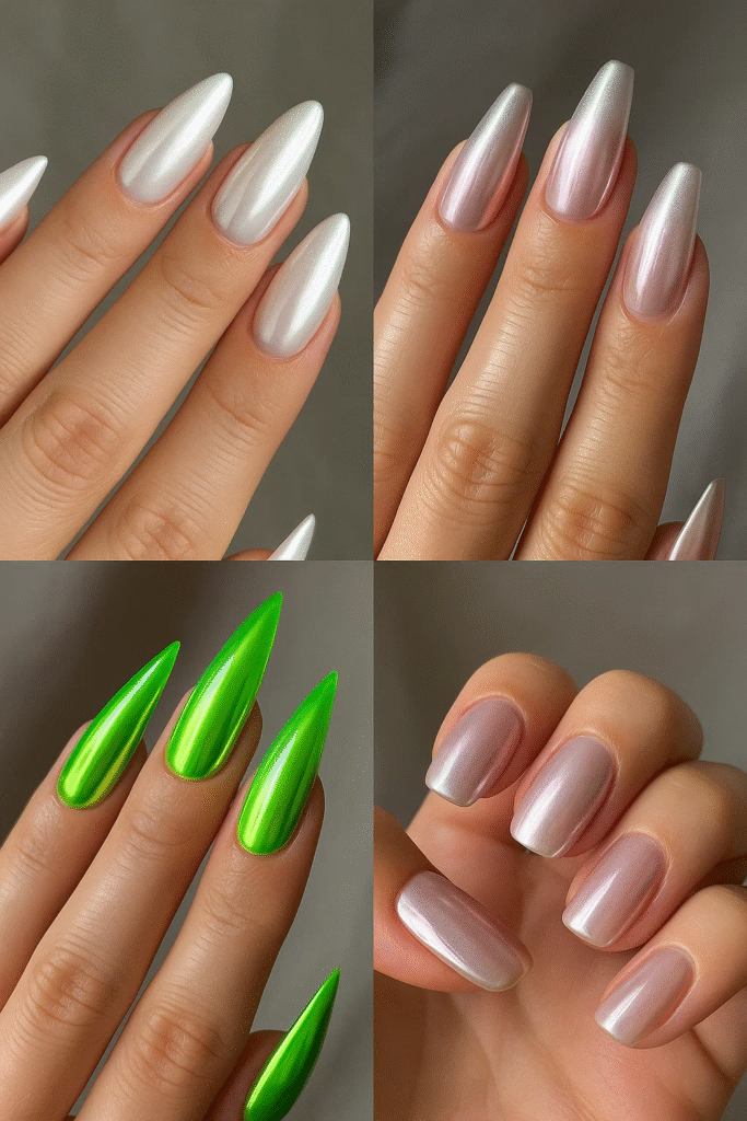 glazed chrome nails (2025) in almond, coffin, stiletto, and short square shapes