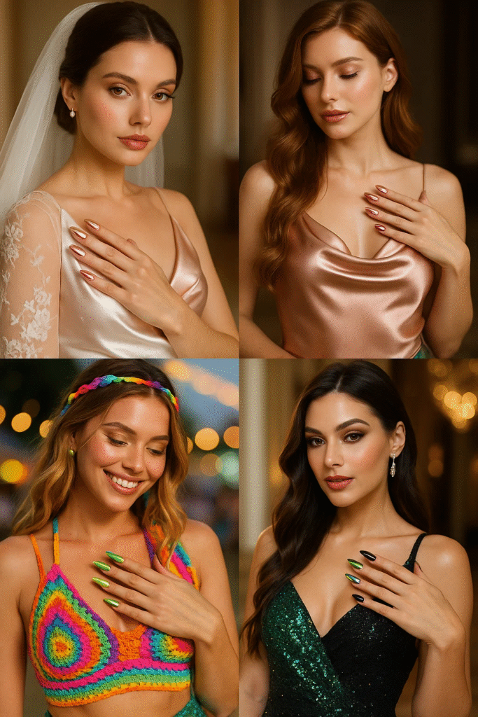 how to style glazed chrome nails (2025) with bridal, evening, festival, and luxury outfits