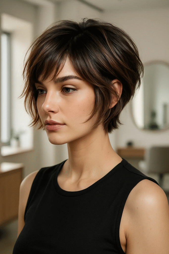 Woman flaunting the Bixie Cut Trend in a European city