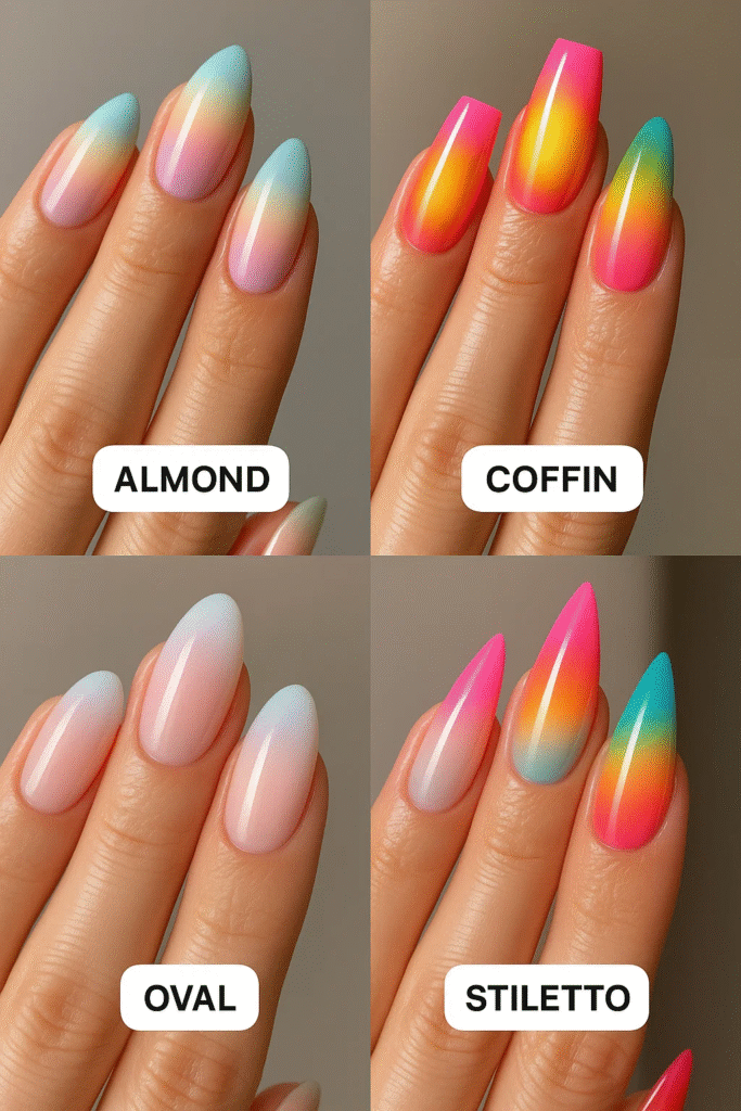 best nail shapes for aura nails including almond, coffin, oval, and stiletto with gradient aura effects