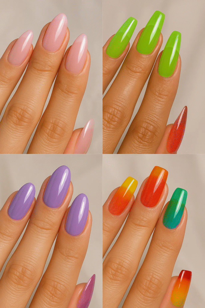 jelly nails in almond, coffin, oval, stiletto, and short square shapes with pastel, neon, glitter, and multicolor designs