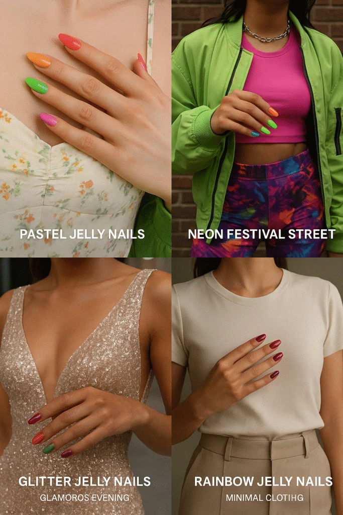 how to style jelly nails with summer dresses, festival outfits, evening wear, and minimal fashion looks