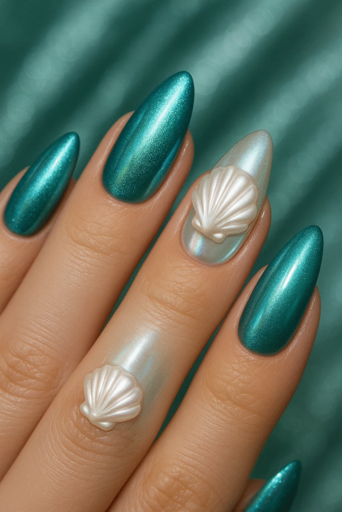 mermaid / siren nails 2025 teal chrome with seashell accents
