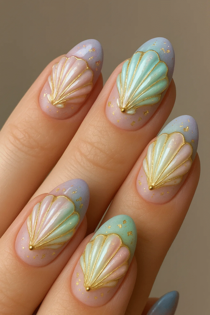 seashell 3D mermaid / siren nails design