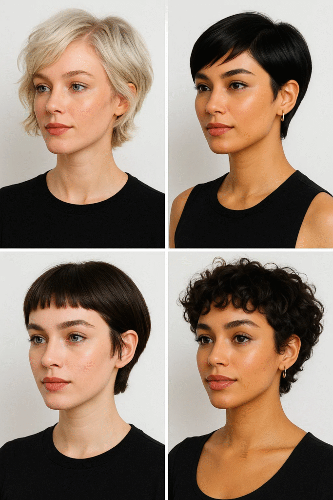 Pinterest mood board showing four Bixie Cut Trend variations