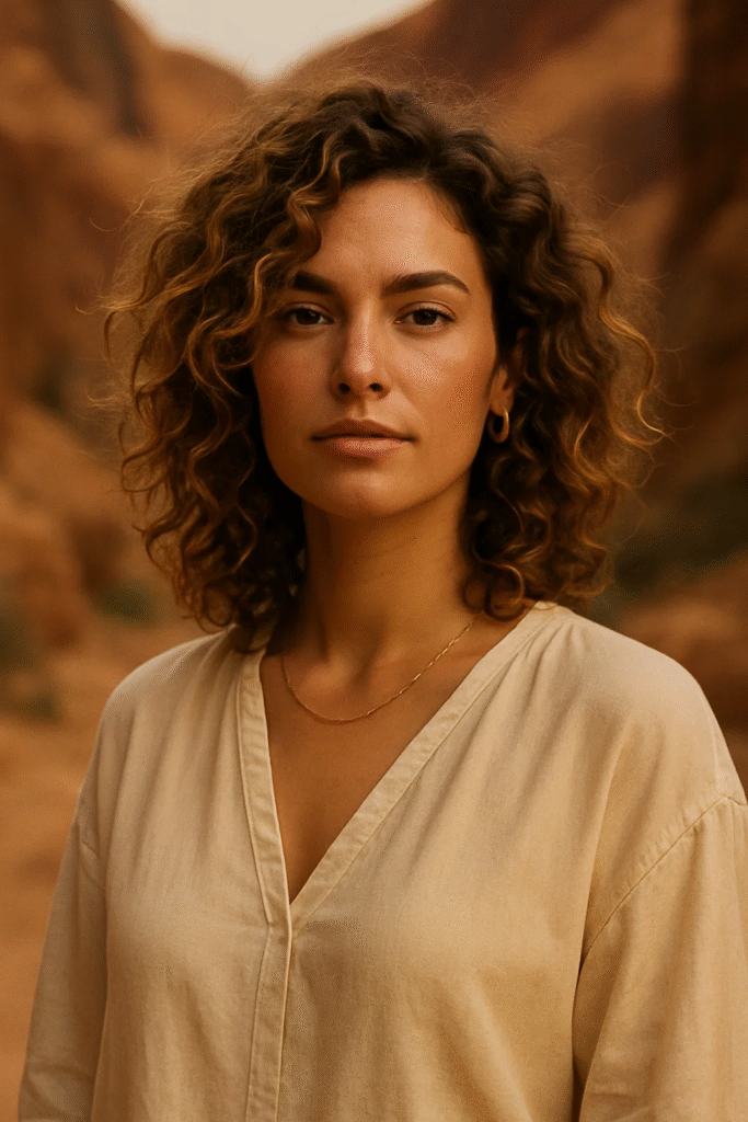 Woman showing off the Utah Curls Hairstyle in a natural desert backdrop


