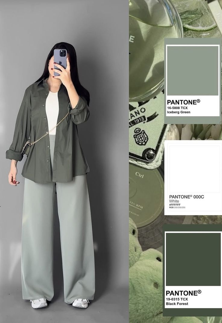 Stylish Iceberg Green paired with Black Forest fashion ensemble, featuring a green shirt with relaxed black pants. Perfect for a stylish, casual day