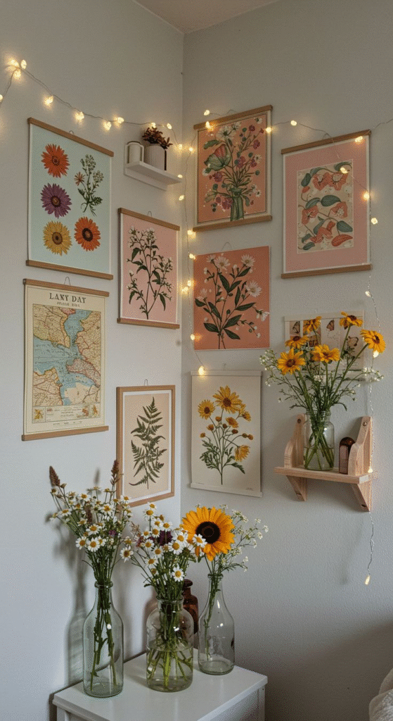 Floral artwork and flower vases create a vibrant, natural ambiance in the living room with warm lighting.