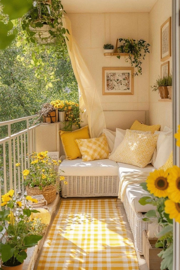 A sunny balcony decorated with yellow cushions, plants, and sunflowers creating a bright and cheerful outdoor lounge.