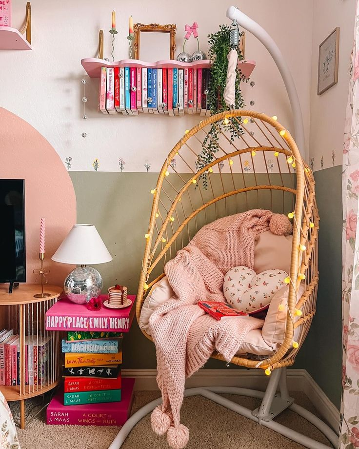 A cozy reading corner with vintage books, a comfortable chair, and plants offering a peaceful retreat for relaxation.