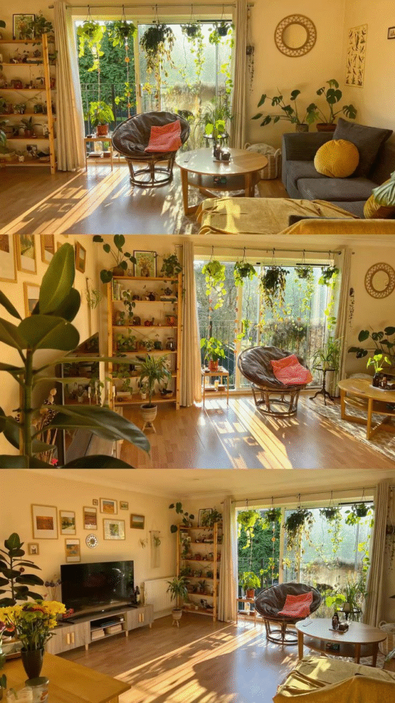 A cozy living room filled with lush greenery, hanging plants, and wooden furniture. The sunlight streams through large windows, creating a warm, inviting atmosphere.