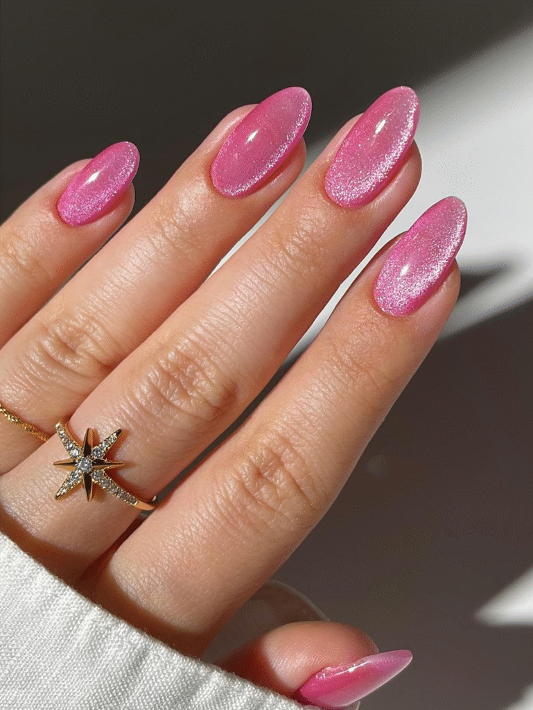 Glossy jelly pink nails with fine shimmer on almond tips, a fresh glass-candy manicure.