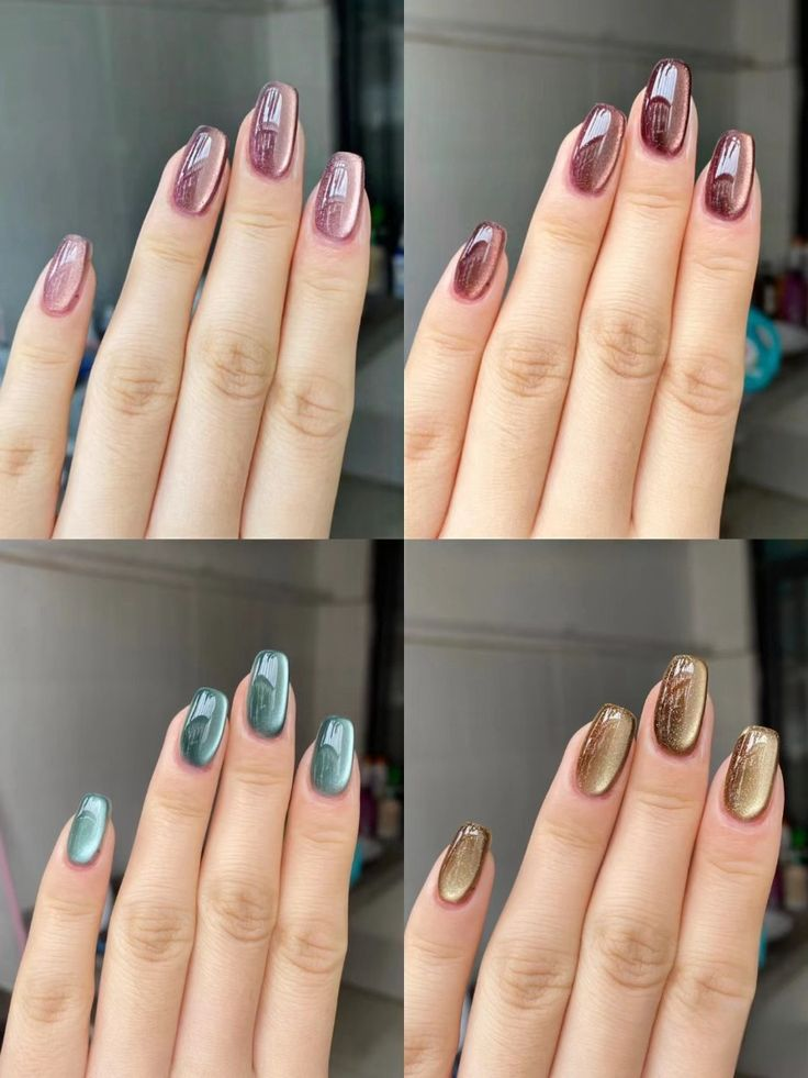 Collage of four manicures showing glossy magnetic cat-eye chrome nails on short oval tips—shades include rosy mauve, mocha rose, teal green, and metallic gold with a reflective halo line.