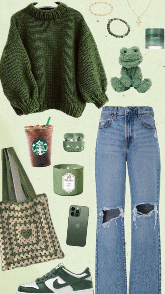 Comfy dresses outfit palette—forest-green chunky sweater with blue jeans, tonal sneakers, crochet tote, and green accessories for a cozy monochrome look.