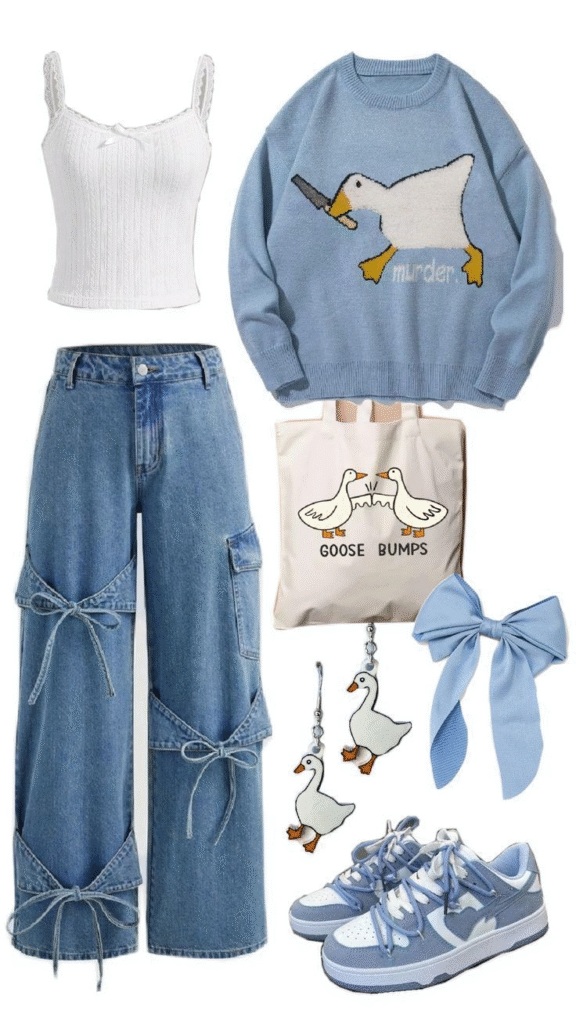 Light-blue graphic sweater with lace camisole, wide-leg tie-detail jeans, tote, bow, and sneakers—playful, comfy everyday outfit.