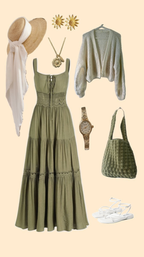 Cottagecore comfy dress—olive tiered maxi with open-knit cardigan, straw hat, crochet bag, white sandals, and floral jewelry.