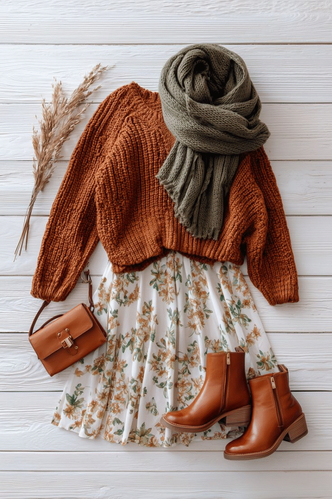 Cozy fall outfit—rust chunky sweater with floral midi skirt, olive scarf, tan ankle boots, and a cognac mini bag.