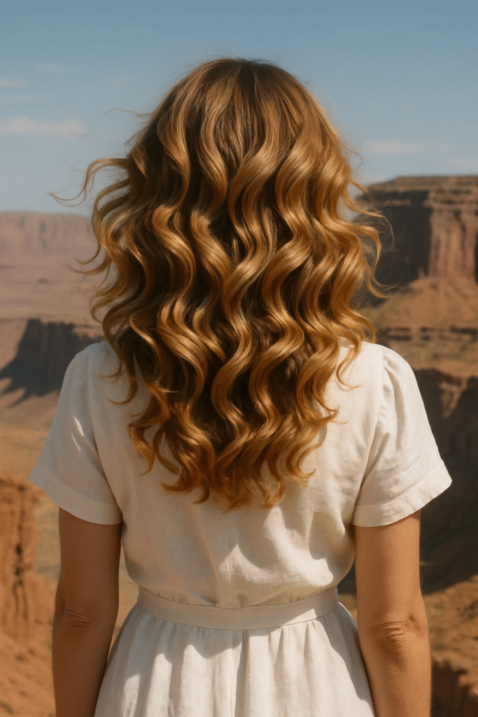 Utah Curls Hairstyle with toasted blonde highlights in a desert setting