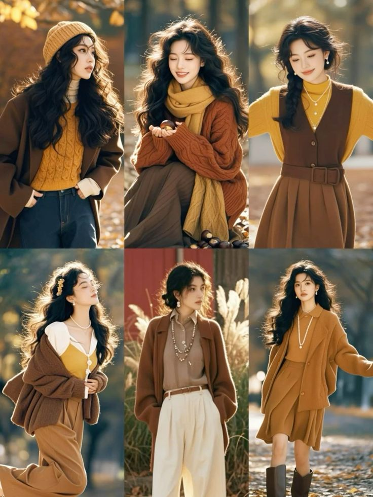 Collage of six cozy fall outfit ideas in warm brown, caramel, and mustard tones—cable-knit sweater with beanie, chunky scarf over a pleated skirt, belted pinafore dress, cardigan layered over a slip dress, blazer with wide-leg trousers, and a knit set with knee boots—styled on a woman with long wavy hair in golden outdoor autumn light.